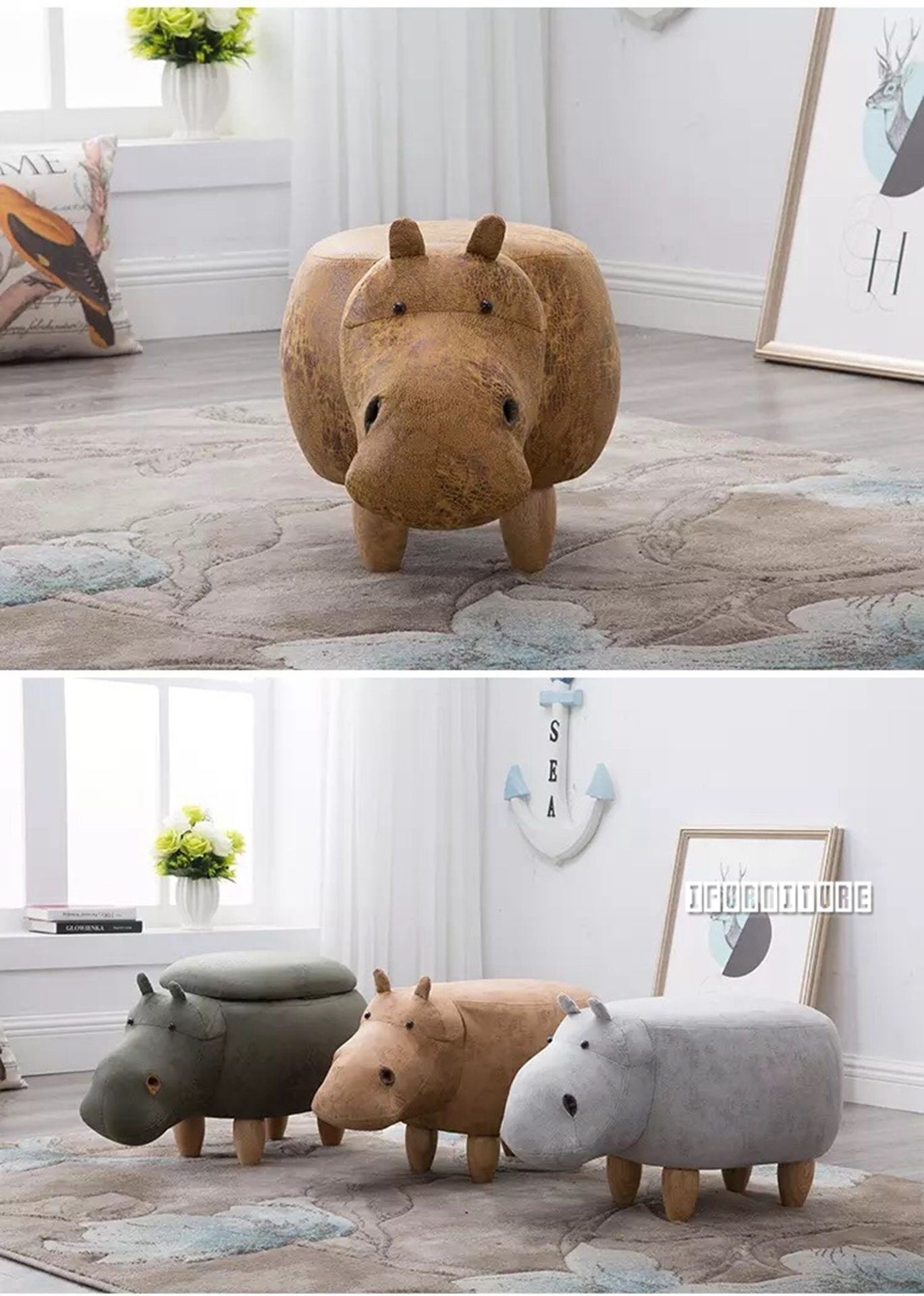 ANIMAL Big Hardwood Ottoman (Yellow Hippo)