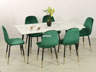 Picture of BIJOK 160 7PC Dining Set (White Marble Finishing) - 1 Dining Table + 6 Dining Chairs (Green)