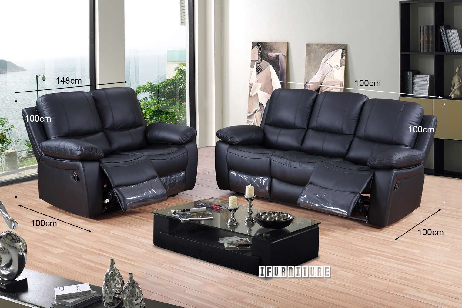 ABINGTON Reclining Genuine Leather Sofa (Black)