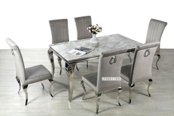 Picture of AITKEN 160 Marble Top Stainless 7PC Dining Set (Light Grey)