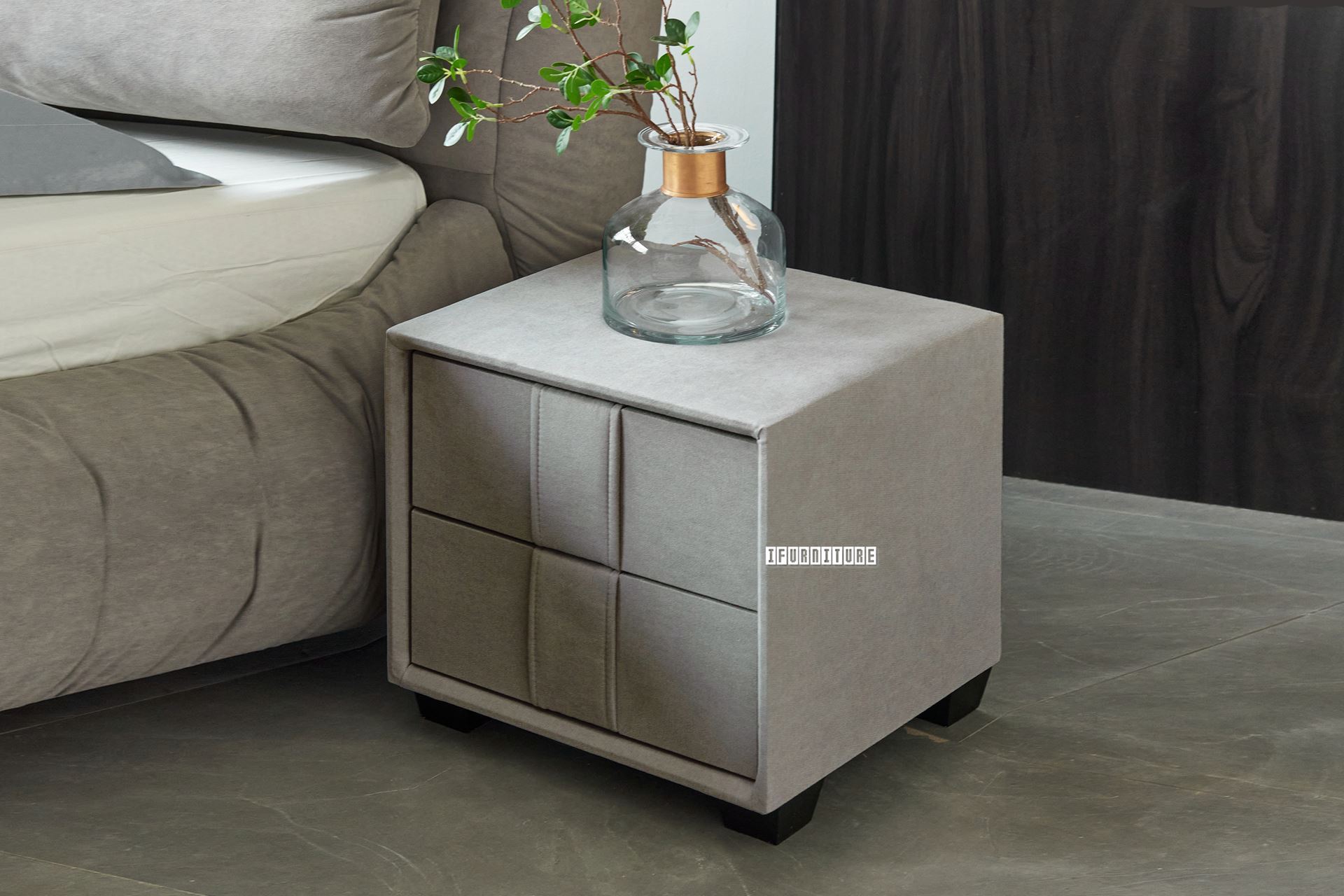 2Drawer Fabric Bedside Table (Light Grey)