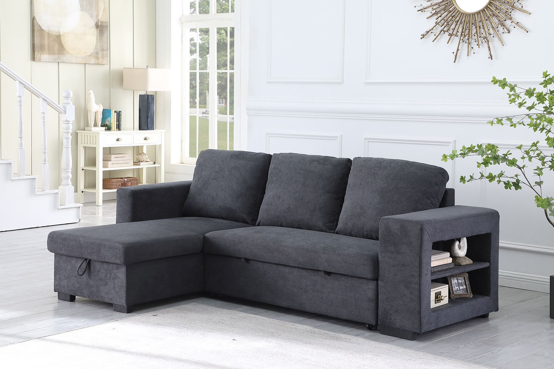 LUCENA Reversible Sectional Sofa/Sofabed with Storage (Dark Grey)