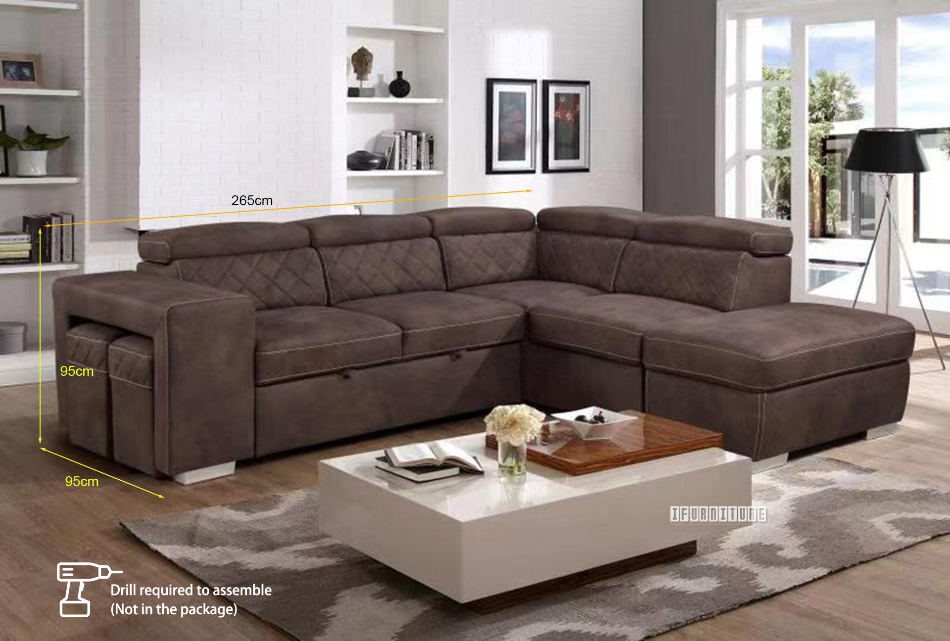 ARIA Sectional Sofa/Sofa Bed with Storage & 2 Ottomans (Brown)