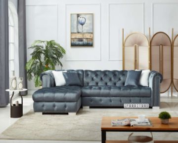 Picture of EDITH GOODWILL Chaise Facing Left Sectional Chesterfield Tufted Velvet Sofa (Grey)