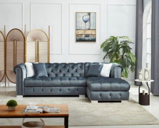 Picture of EDITH GOODWILL Sectional Chesterfield Tufted Velvet Sofa (Grey) - Facing Right