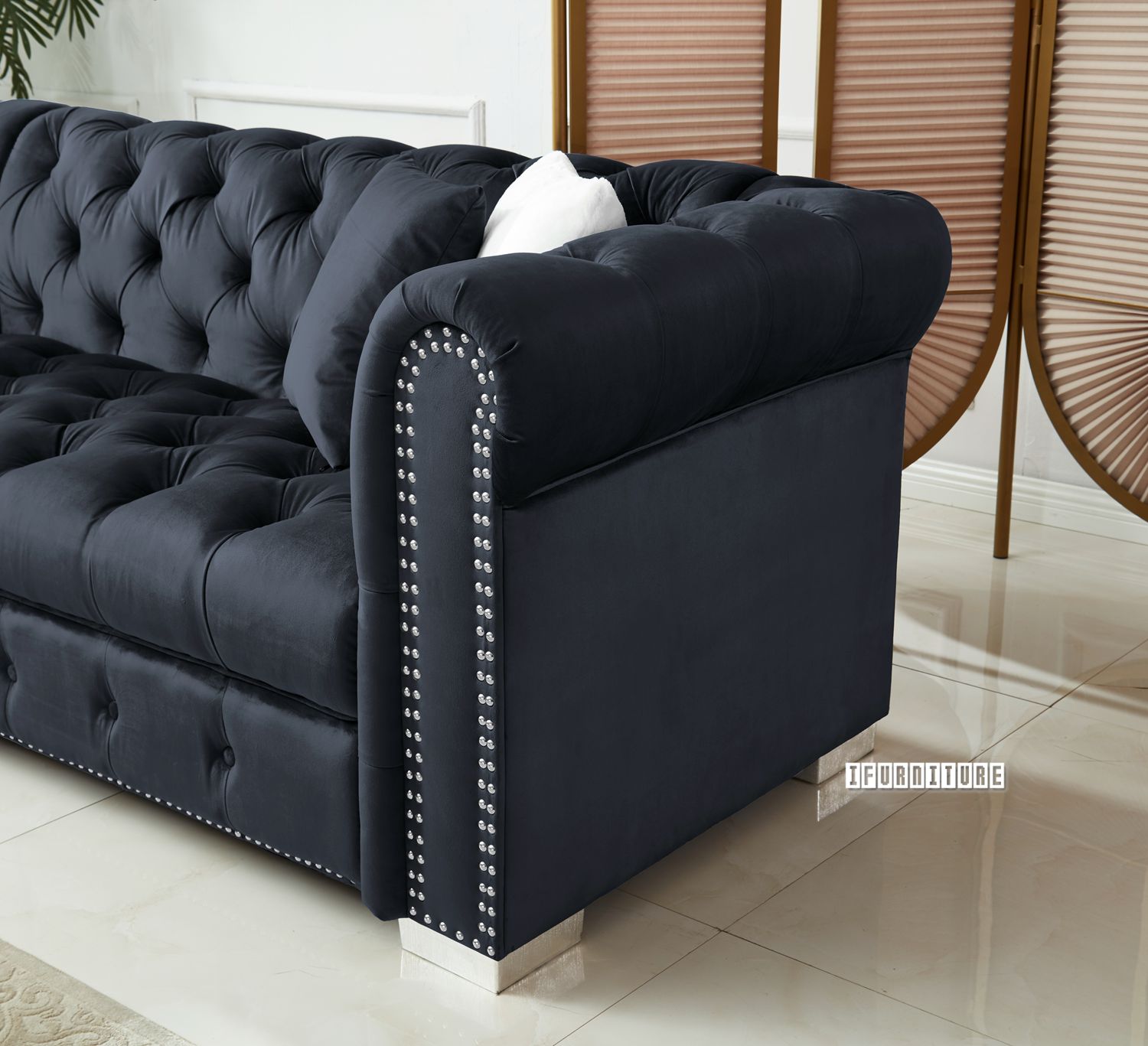 EDITH GOODWILL Sectional Chesterfield Tufted Velvet Sofa (Black)