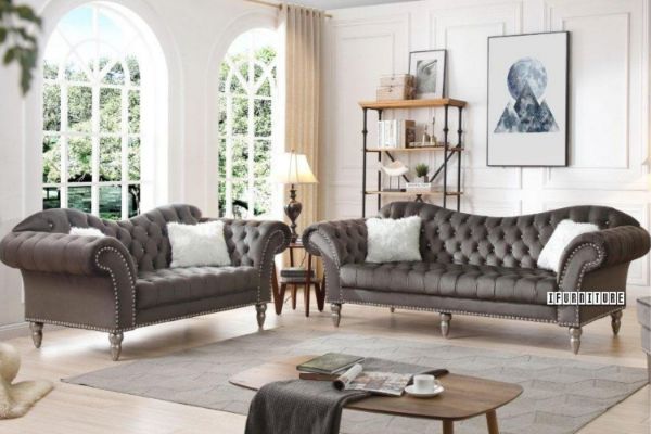 Picture of WILSHIRE 3/2 Seater Crystal Button Tufted Velvet Sofa Range (Dark Grey)
