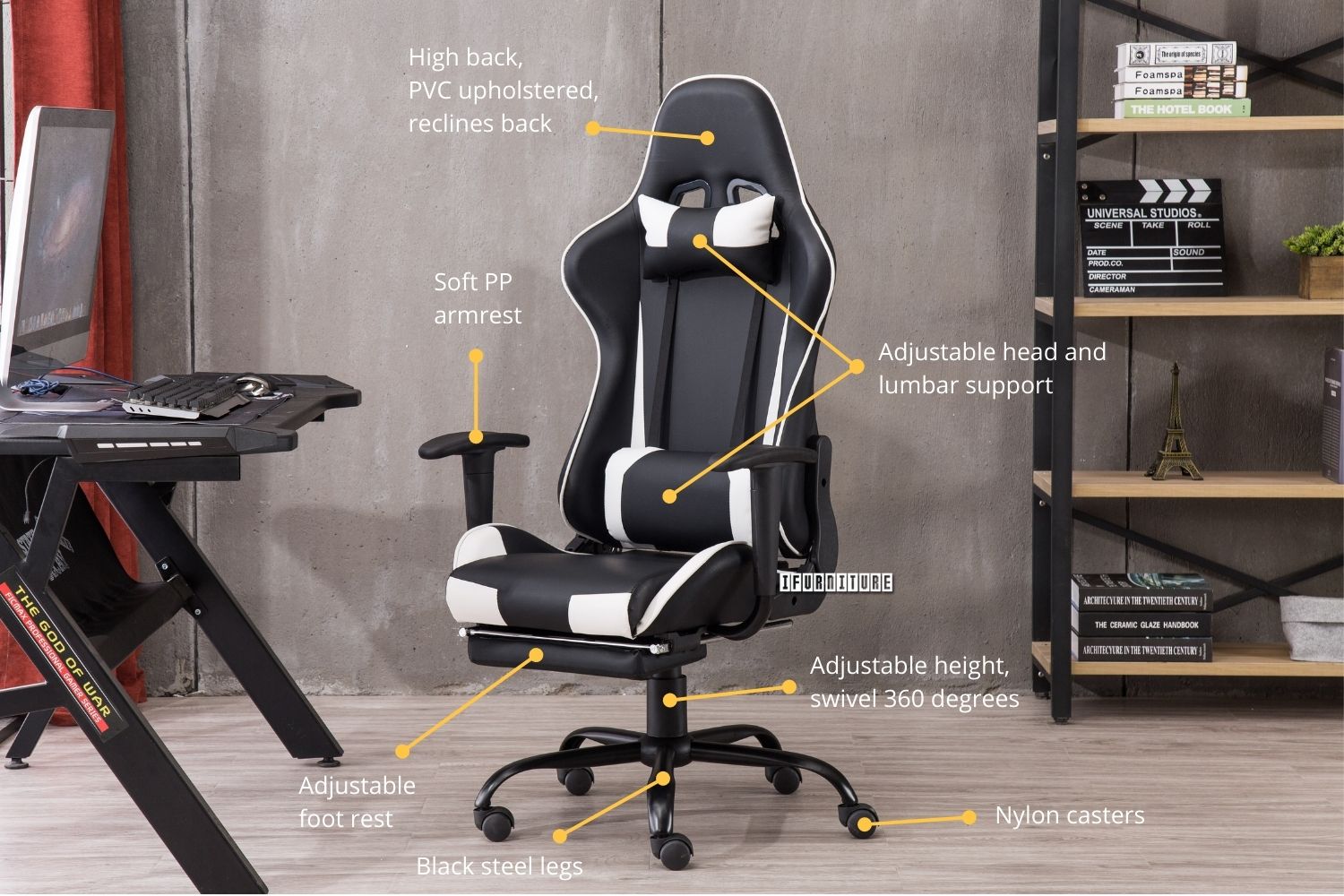 RACER Ergonomic Gaming Chair with Footrest *White