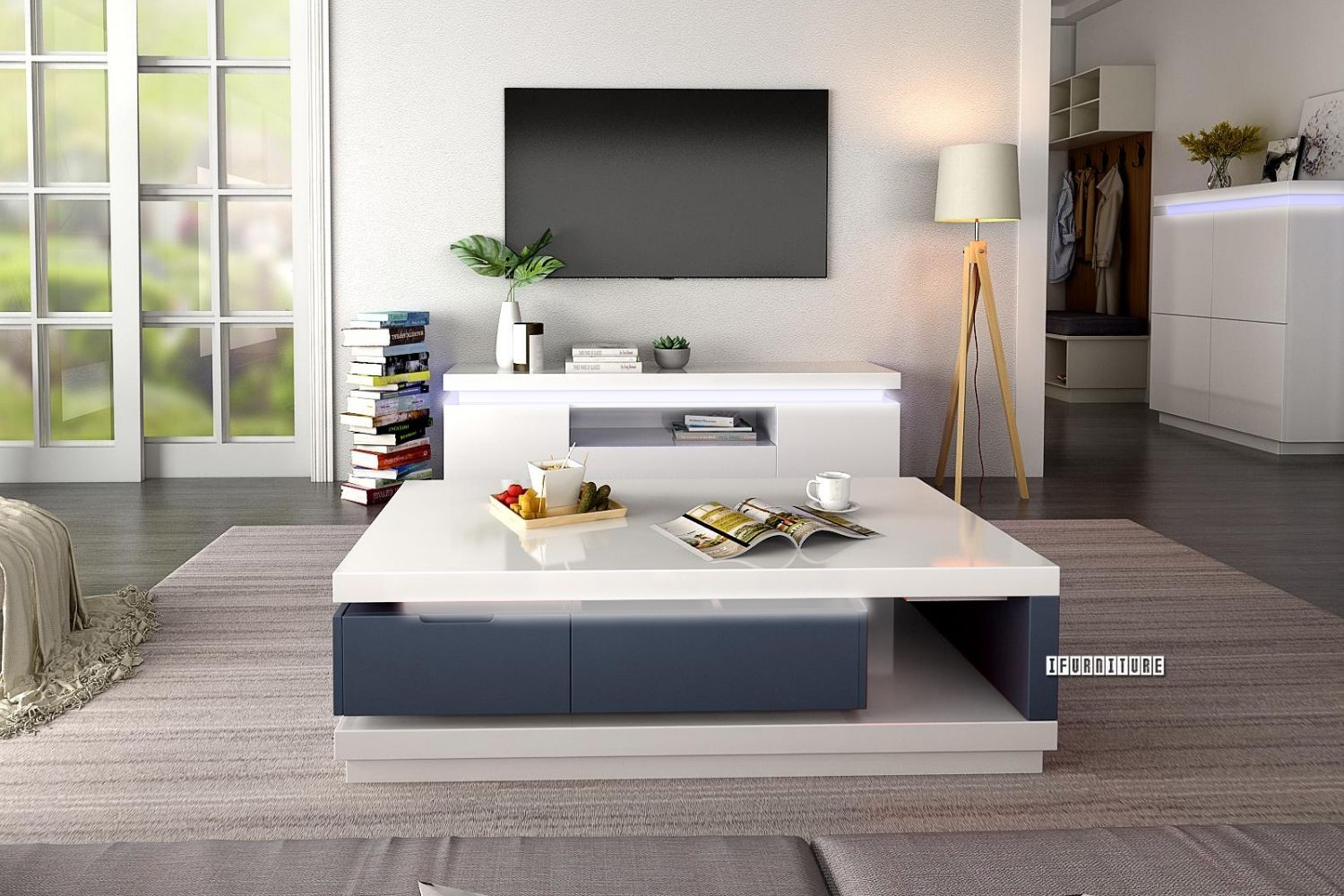 HANIMONT 120 Coffee Table with LED Lights (Swivel Storage/High Gloss