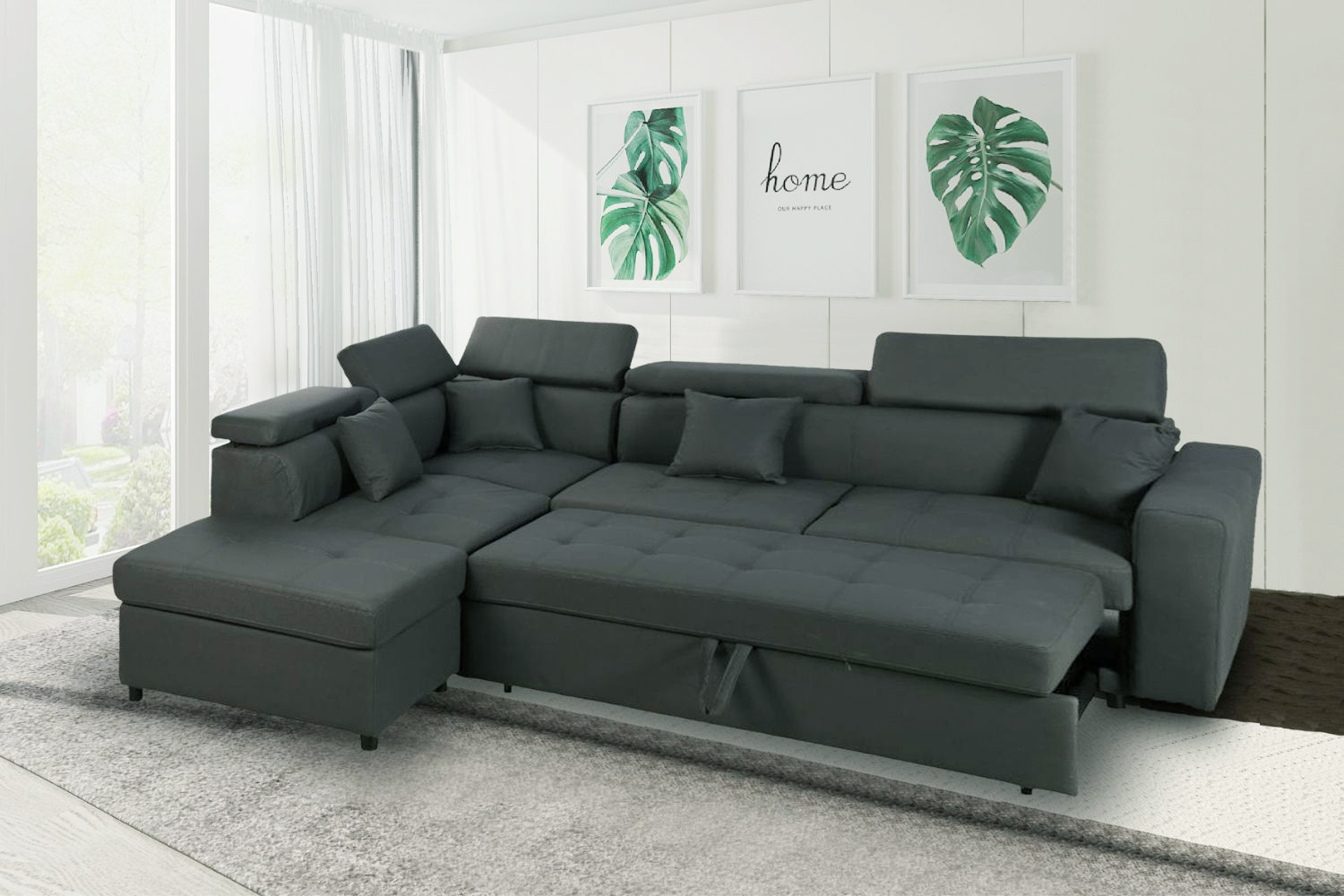 SCURO Sectional Sofa/Sofa Bed + Ottoman with Storage (Dark Grey)
