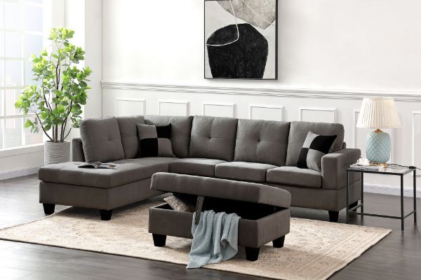 Adisen L-Shape Sofa With Ottoman (Dark Grey)