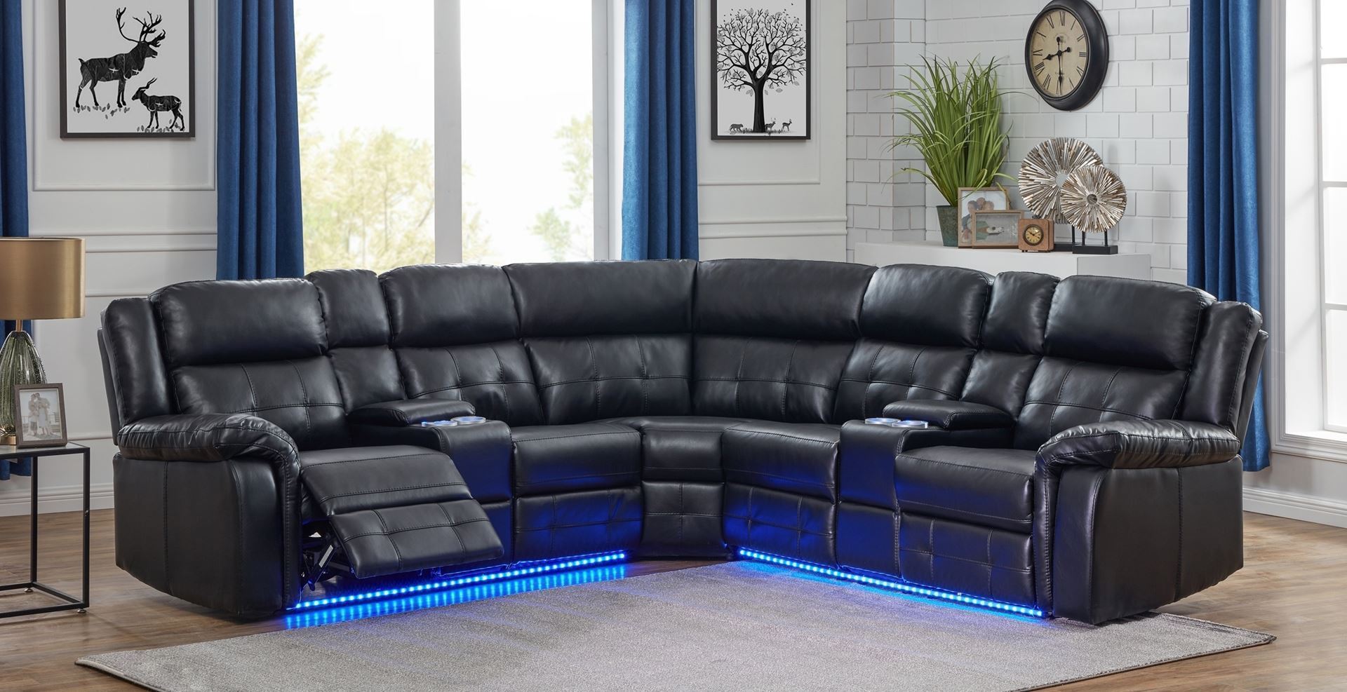 COBALT Manual/Power Reclining Sectional Sofa with LED Lights (Black)