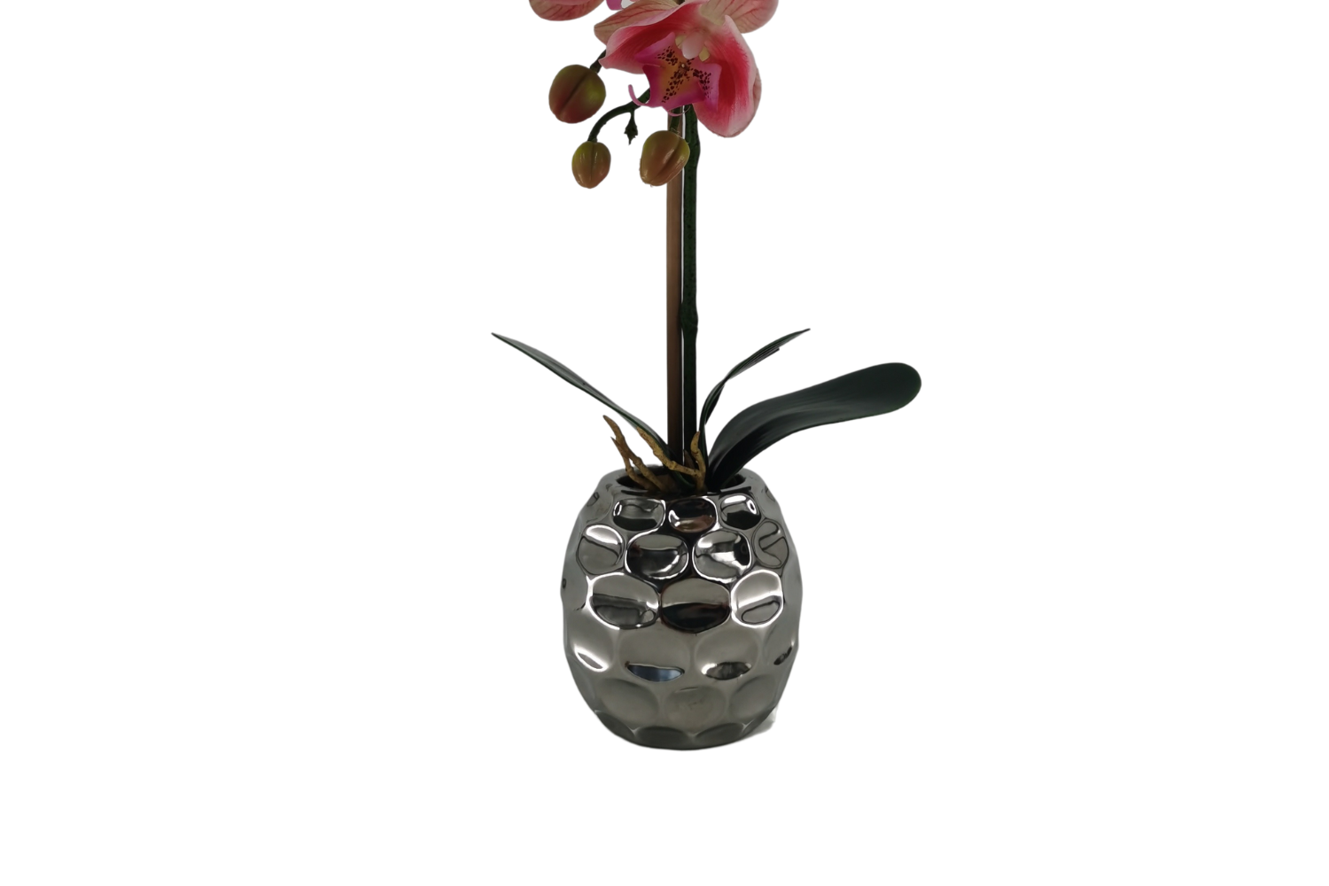 ARTIFICIAL PLANT Red Orchid with Round Silver Vase (H45cm)