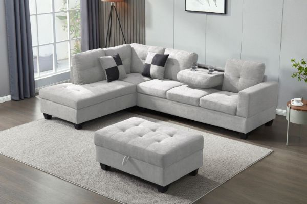 NEBULA Sectional Sofa with Storage Ottoman & Drop-Down Console (Light Grey) - Facing Left