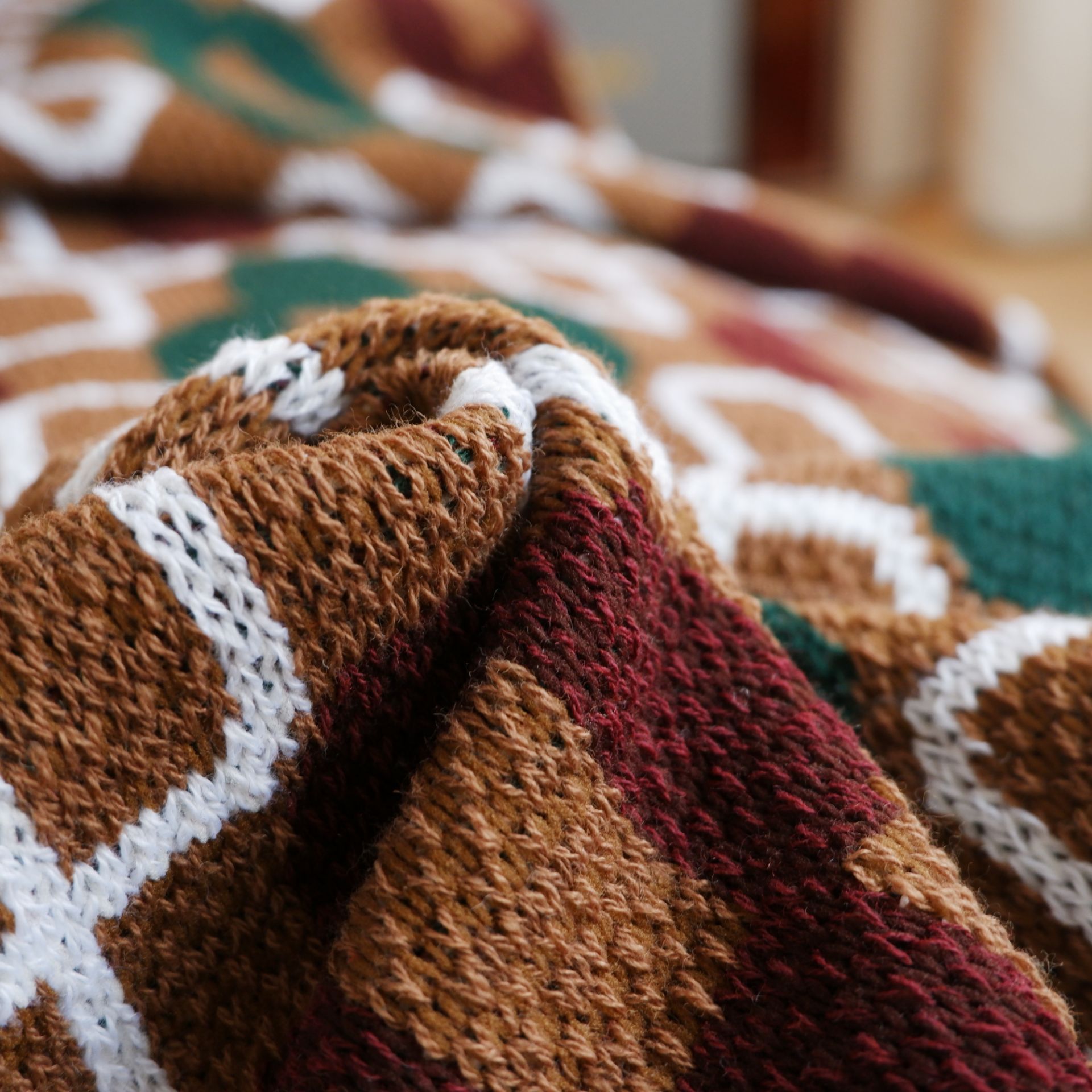 PROVINCE Knitted Throw Blanket with Tassels 130cmx170cm (GreenCoffee