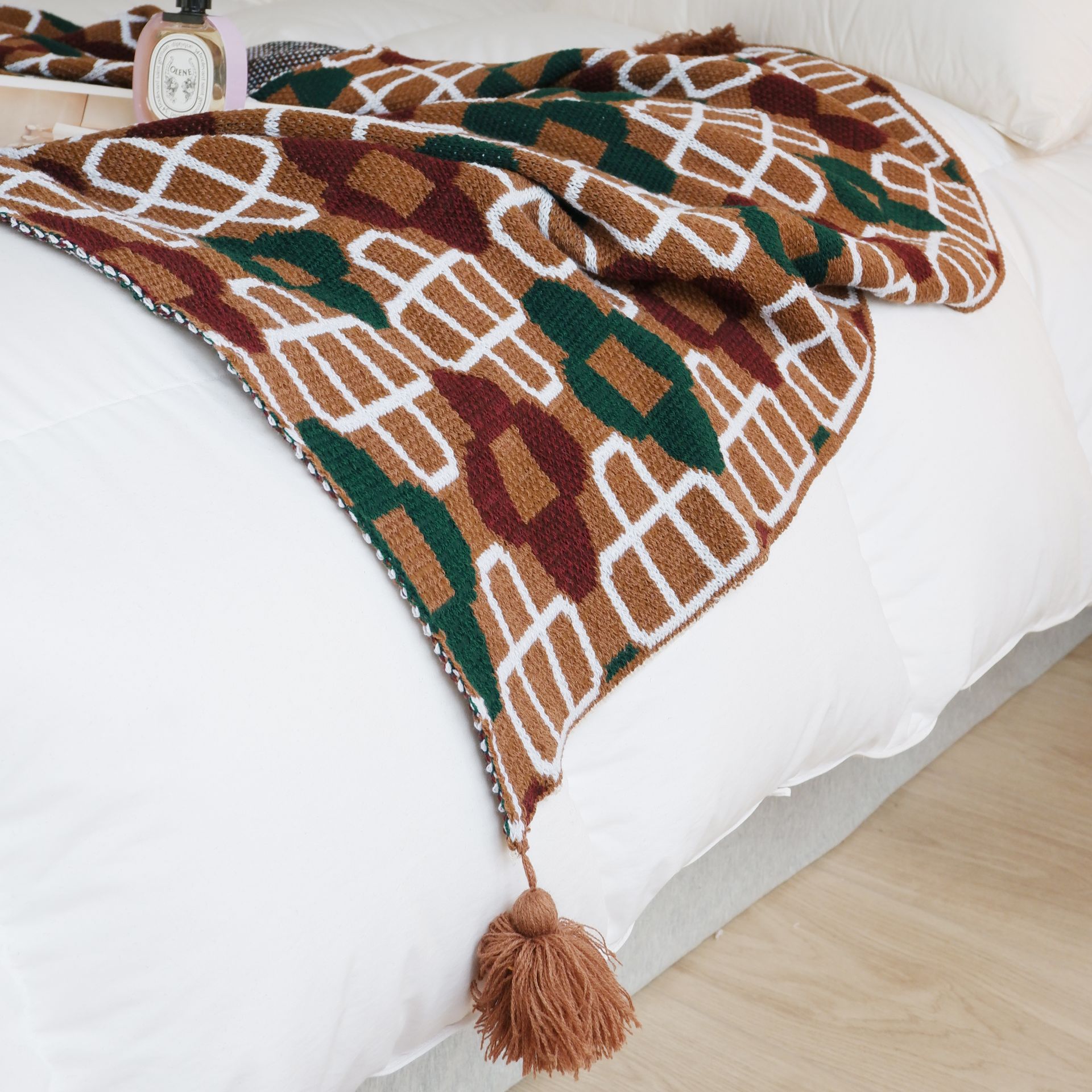PROVINCE Knitted Throw Blanket with Tassels 130cmx170cm (GreenCoffee