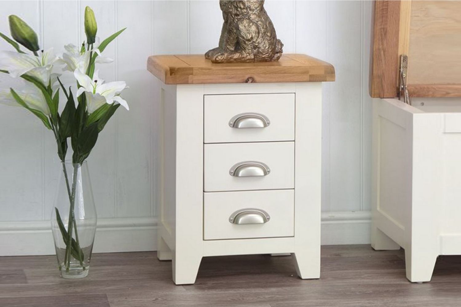COCAMO 3 Drawer Oak Top Bedside Table (Grey)