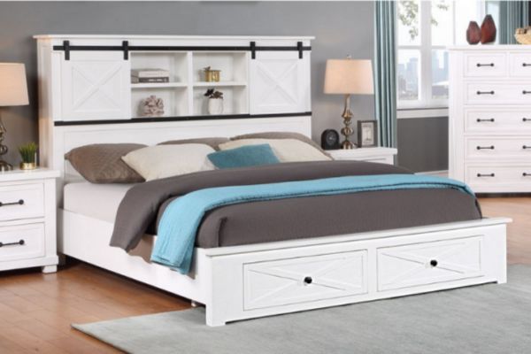 Picture of PURELAND Solid Pine Wood Bed Frame with Drawers (White) - Super King