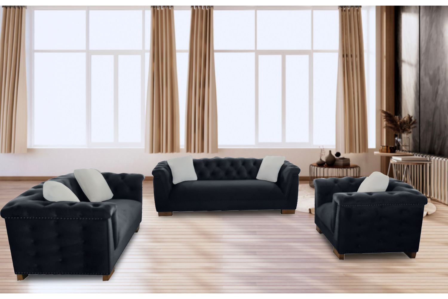 MALMO 3+2+1 Velvet Sofa Range with Pillows (Black)