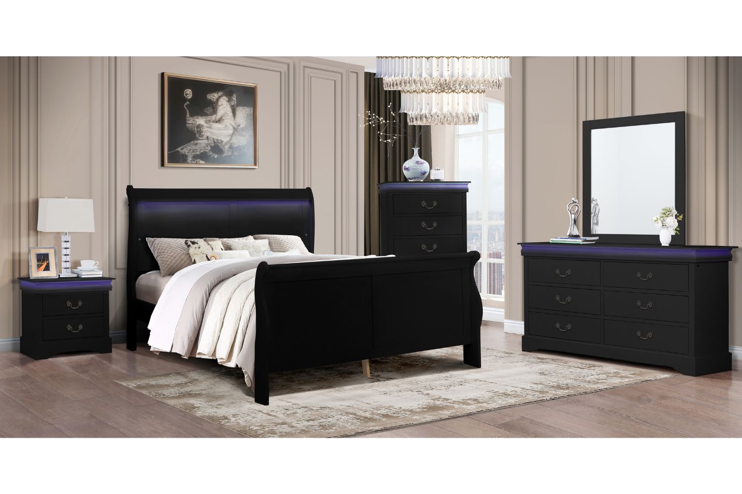 LOUIS 4PC/5PC/6PC Hevea Wood with LED Lighting Bedroom Combo in Queen