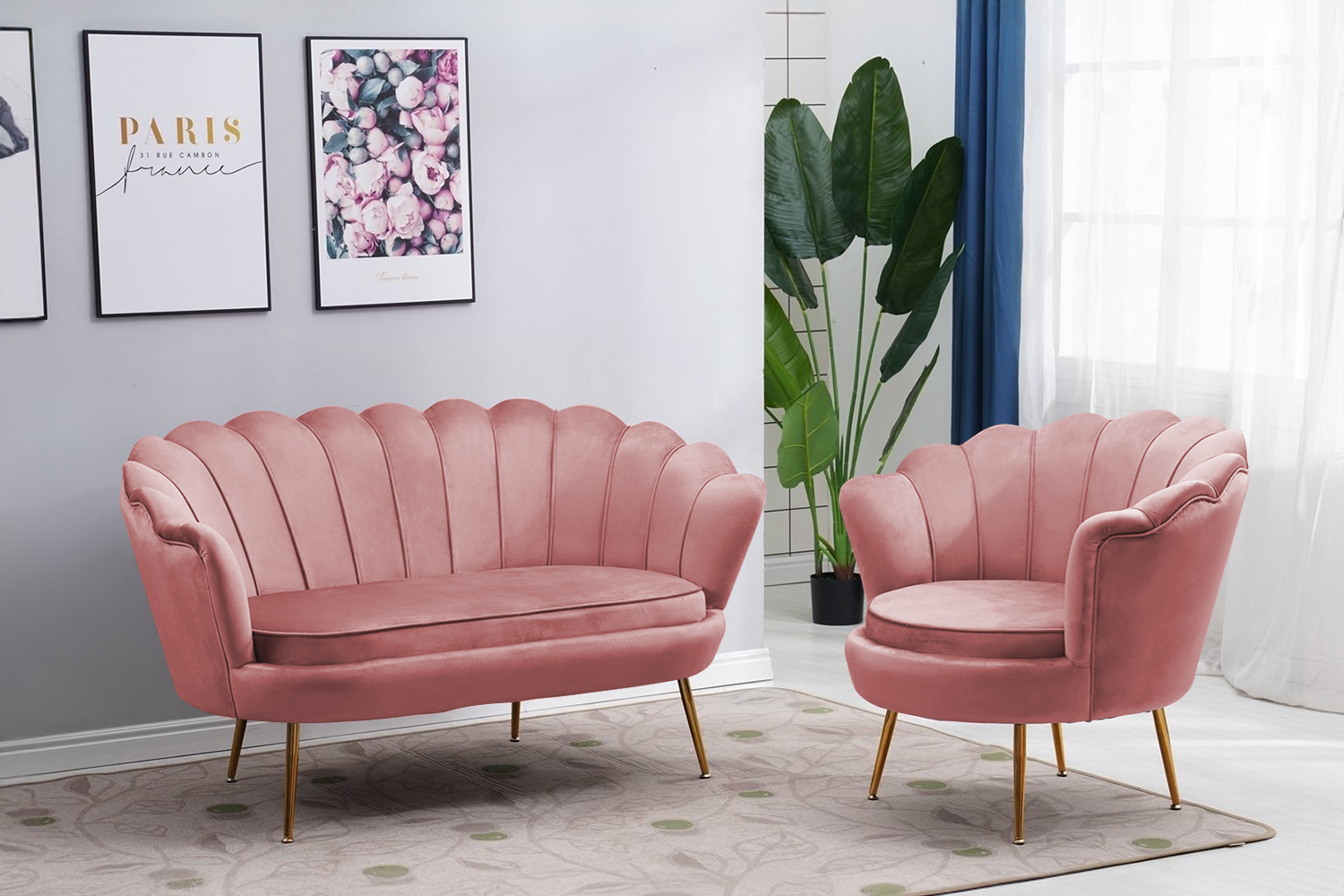 EVELYN Curved Flared Velvet Love Seat (Pink)