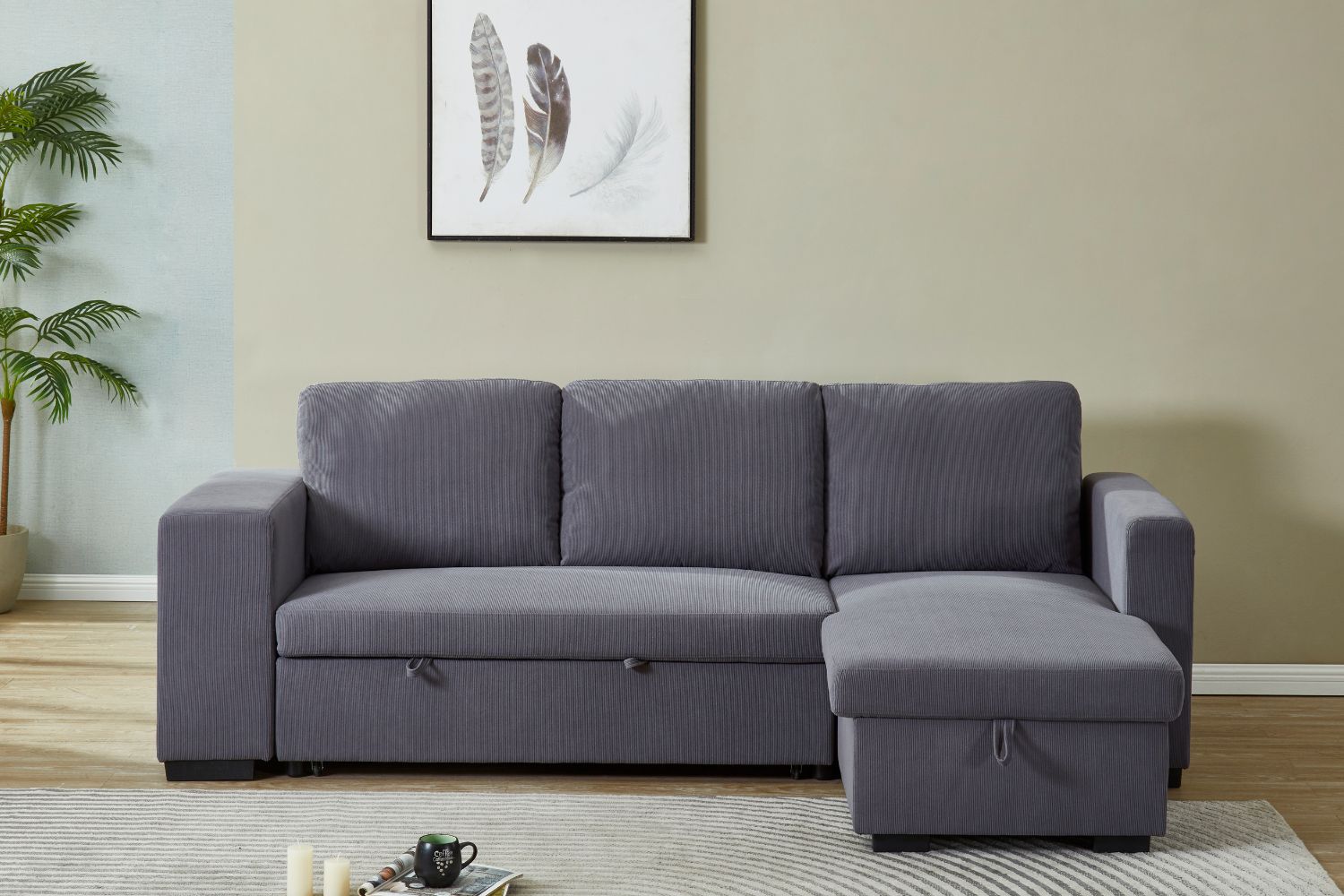 LUCENA Reversible Sectional Sofa Bed with Storage (Finestriped Corduroy)