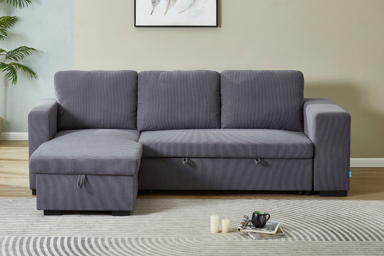 LUCENA Reversible Sectional Sofa Bed with Storage (Finestriped Corduroy)
