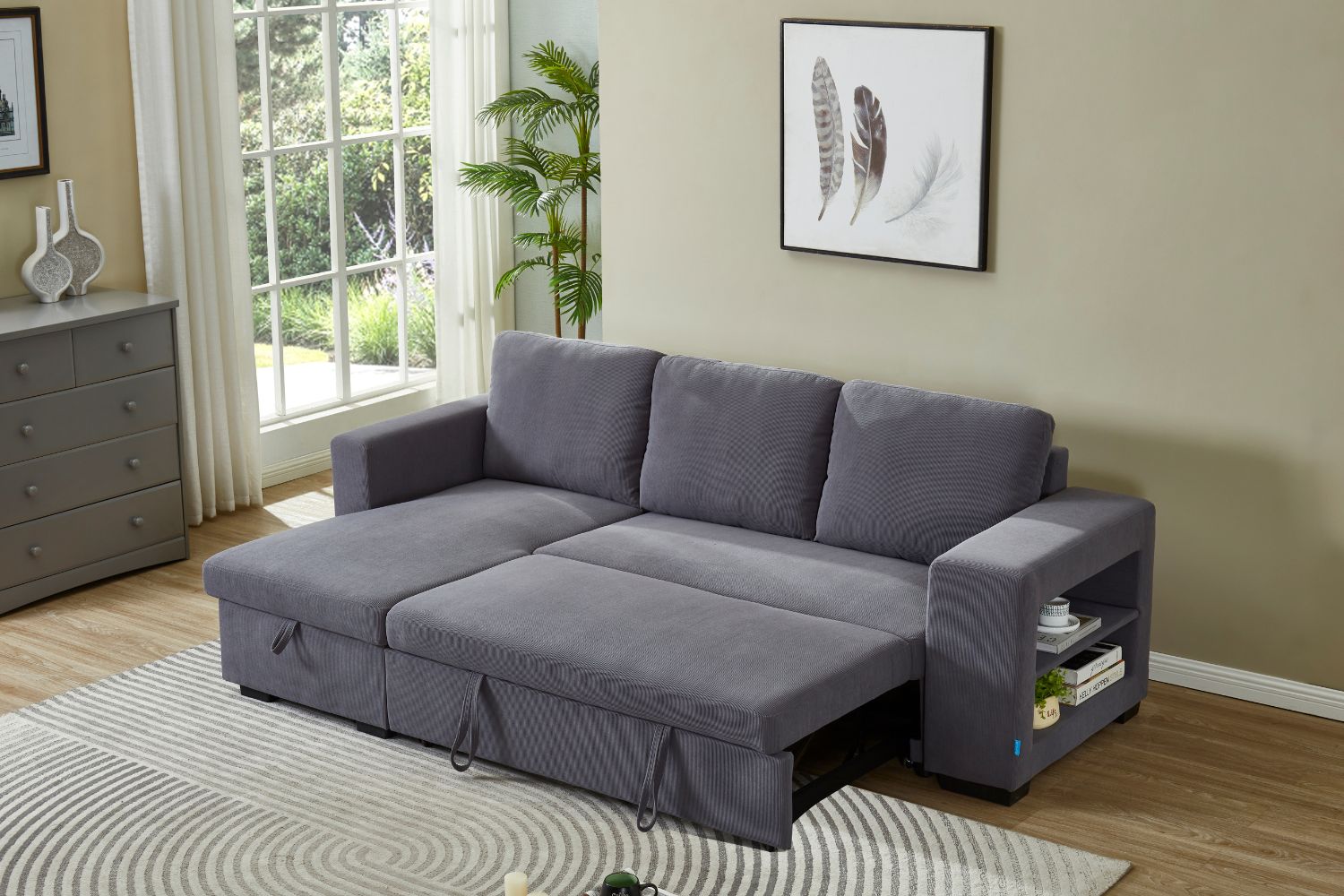 LUCENA Reversible Sectional Sofa Bed with Storage (Finestriped Corduroy)