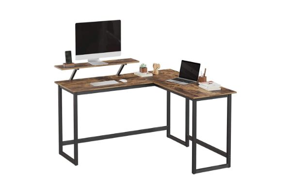 HOOBRO L Shape Computer Desk with Monitor Holder Walnut