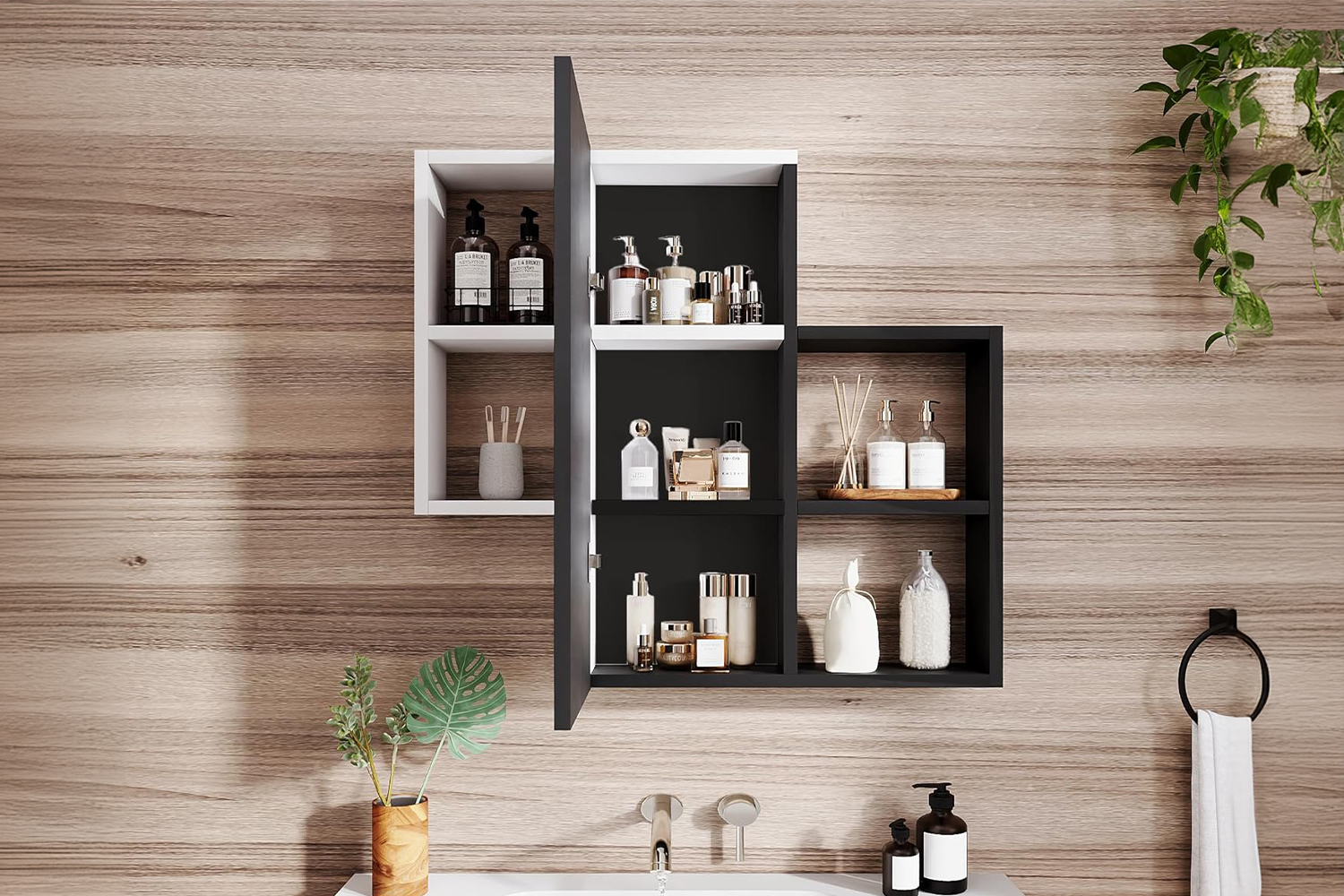 ROZE Mounted Storage with Mirror Door and 4 Open Shelves