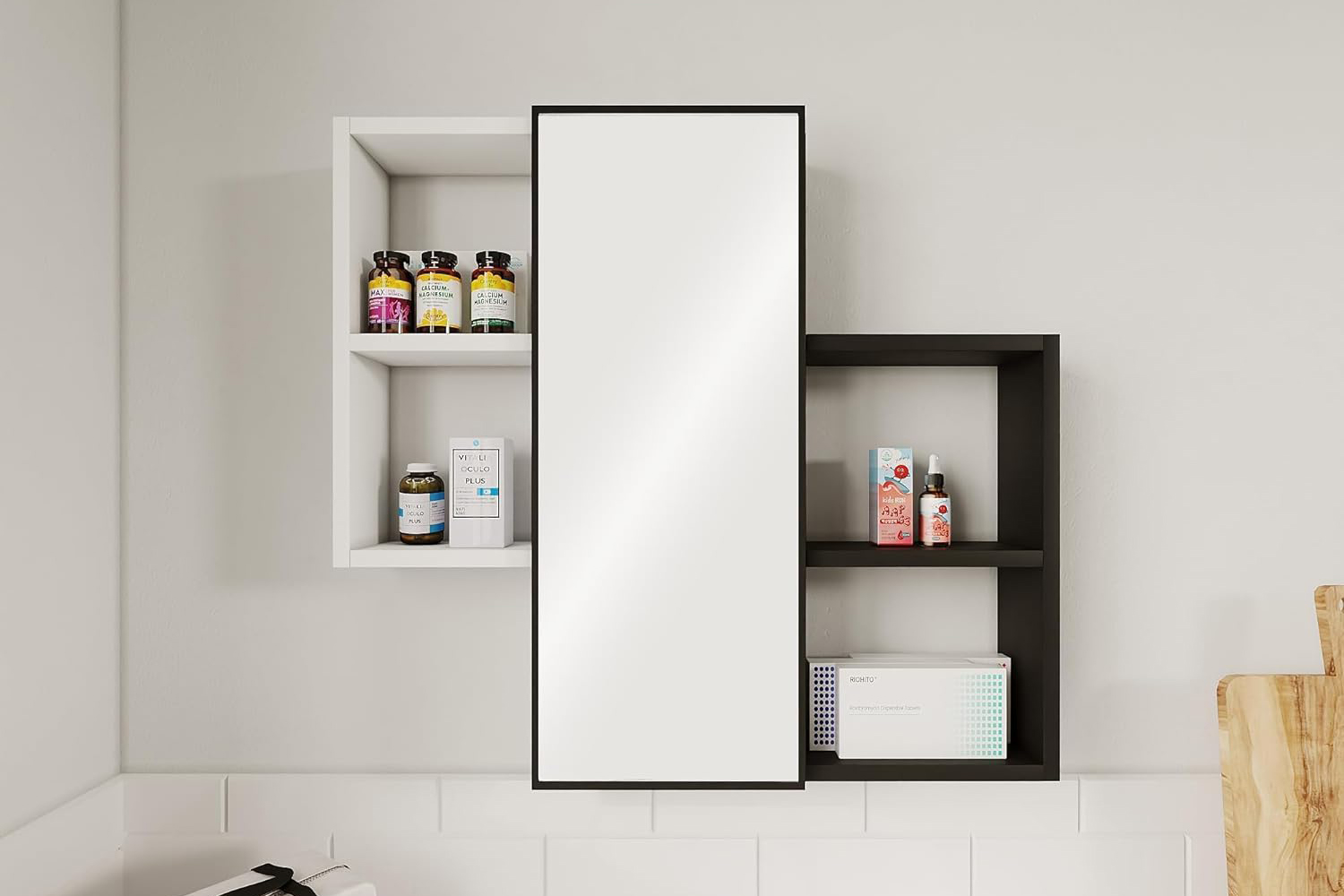 ROZE Mounted Storage with Mirror Door and 4 Open Shelves