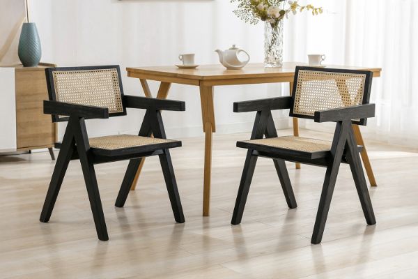 CHANDIGARH Solid Rubber Wood with Real Rattan Arm Chair (Black)