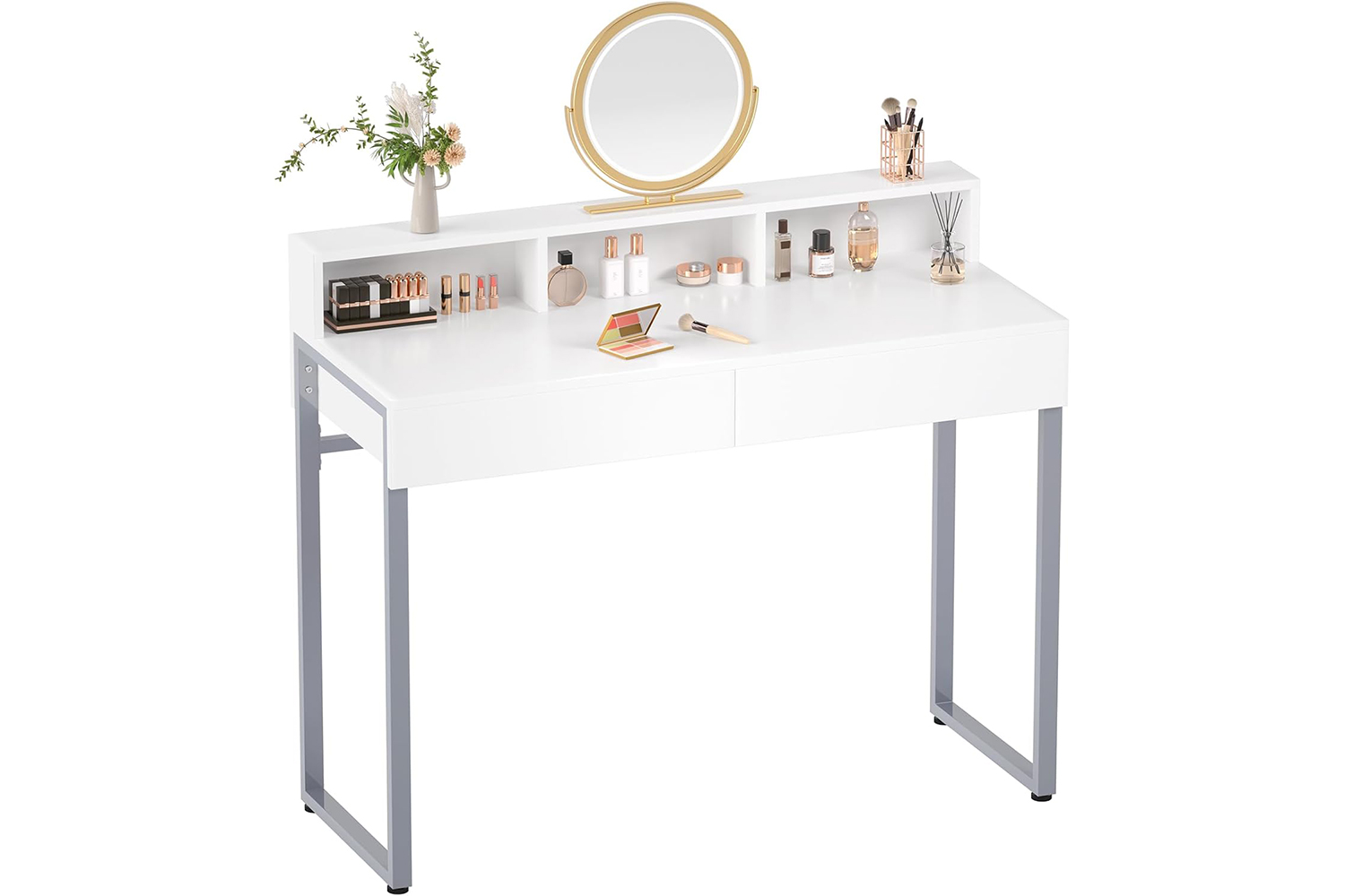ALSTON 100 White Gloss Office Desk/Vanity Desk with 2 Drawers
