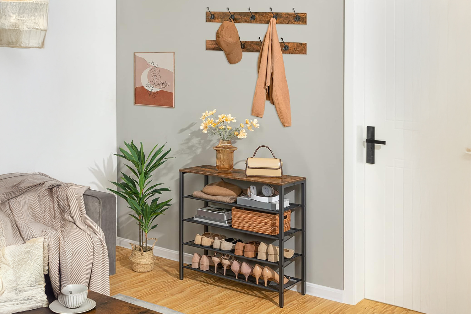 LITON Adjustable 5-Tier Shoe Rack with Wall Hooks
