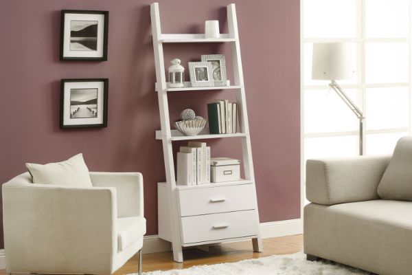 Picture of ELARA Ladder Bookshelf with 3 Open Shelves & 2 Storage Drawers (White)
