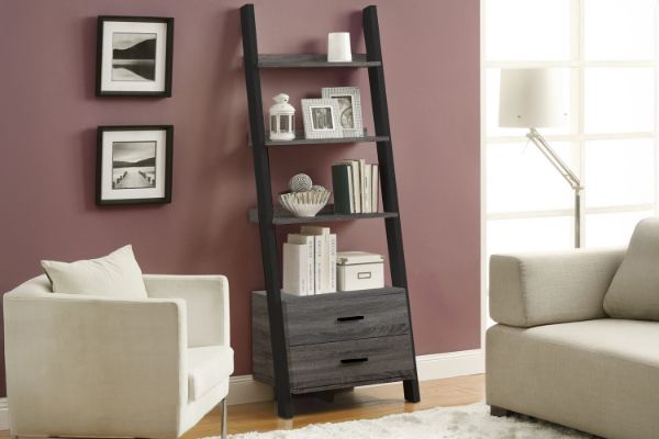 Picture of ELARA Ladder Bookshelf with 3 Open Shelves & 2 Storage Drawers (Grey)