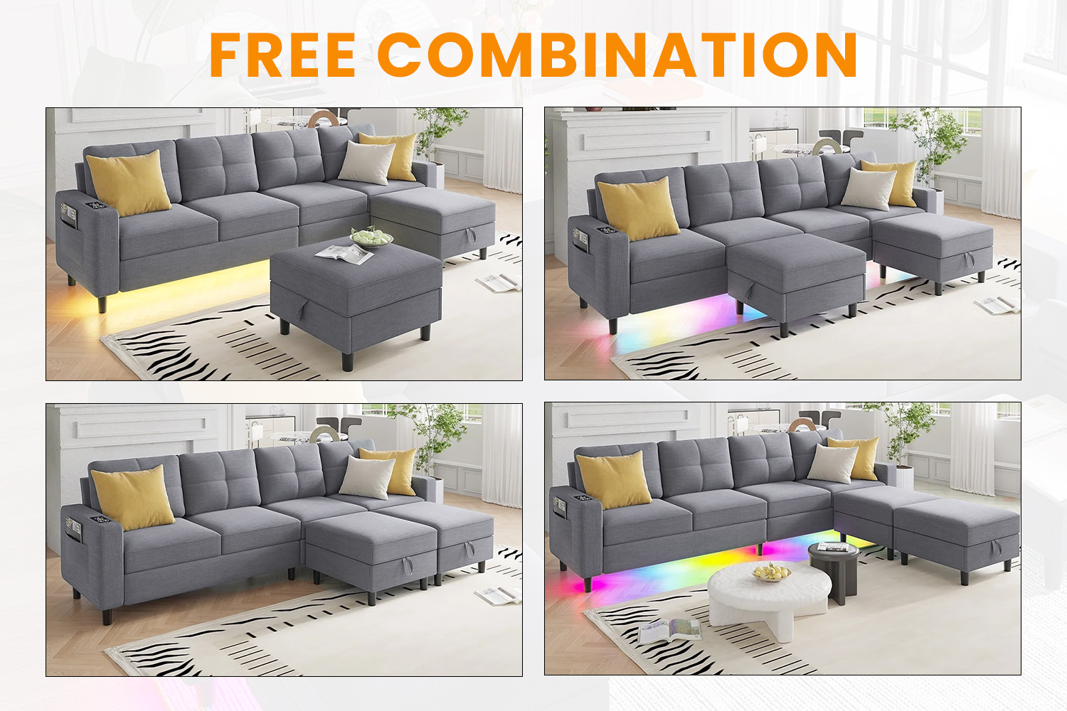 KINSLEY Modular Sectional Sofa with Wireless Charging, USB &amp; Type-C ...