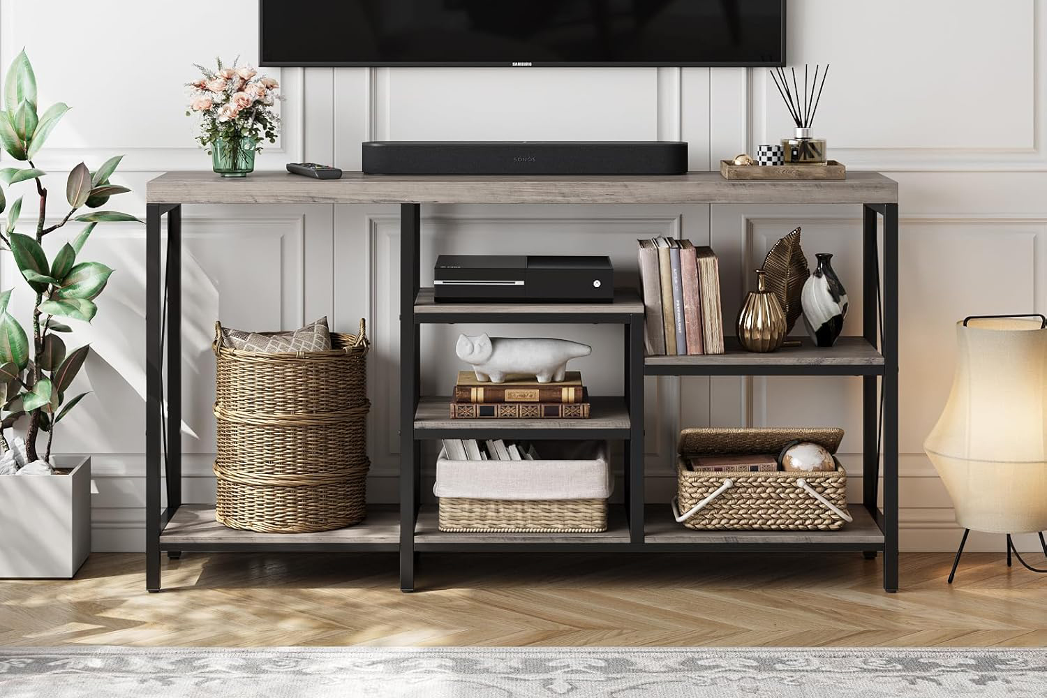 ELOWEN 140 Console Table with Shelves(Grey)