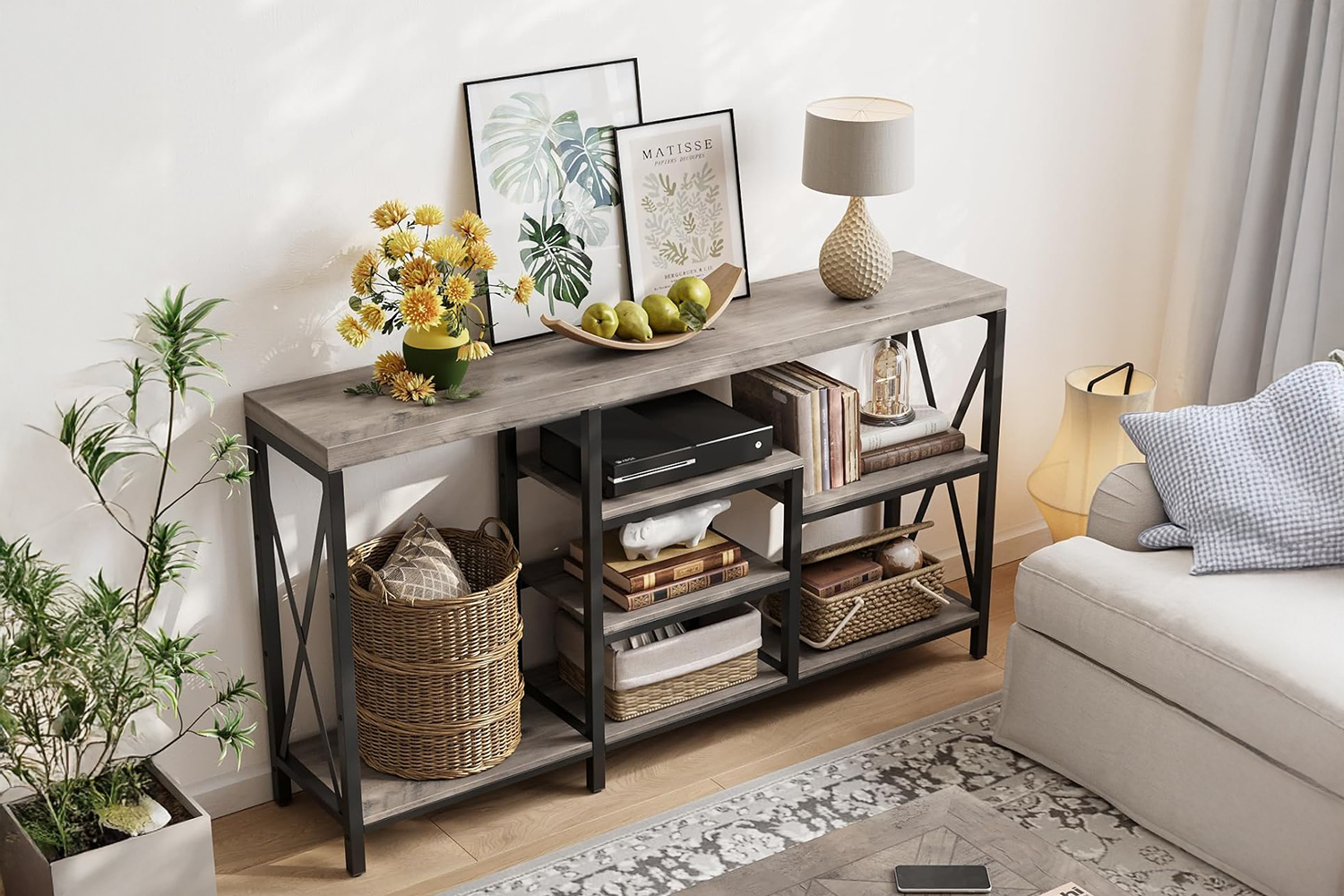 ELOWEN 140 Console Table with Shelves(Grey)