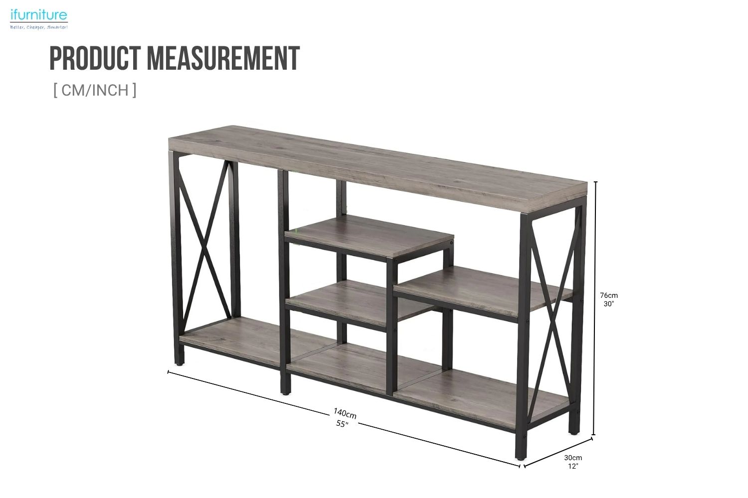 ELOWEN 140 Console Table with Shelves(Grey)