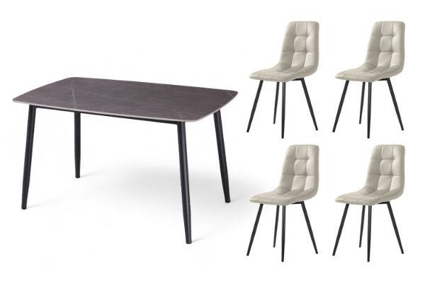 Picture of SAROTO 130 Sintered Stone Top 5PC Dining Set (Grey Table + Creamy White Chairs)