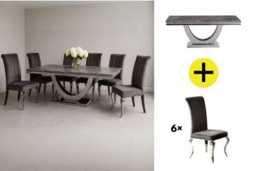 Picture of NUCCIO 200 Marble Top Stainless Steel Dining Table with 6 AITKEN Stainless Frame Velvet Dining Chairs Combo Deal