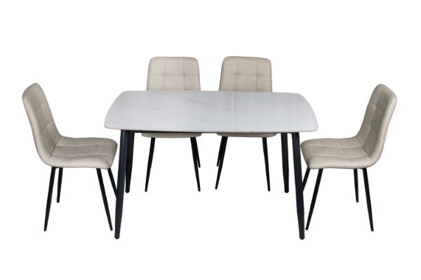 Picture of SAROTO 130 Sintered Stone Top 5PC Dining Set (Gloss White Table + Creamy White Chairs) 