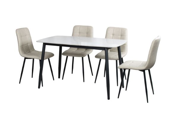 Picture of SAROTO 130 Sintered Stone Top 5PC Dining Set (Gloss White Table + Creamy White Chairs) 