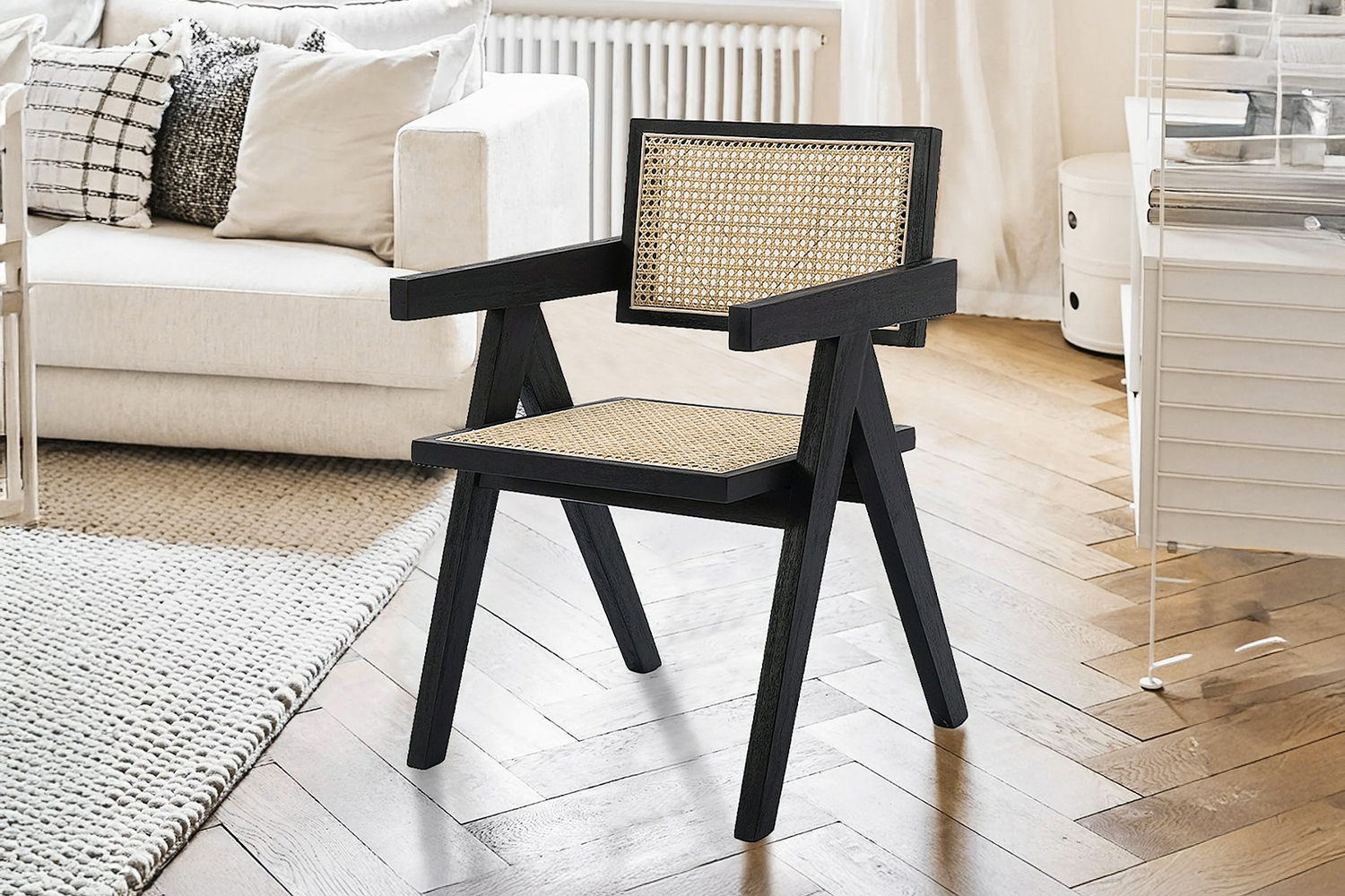 CHANDIGARH Solid Rubber Wood with Real Rattan Arm Chair (Black)