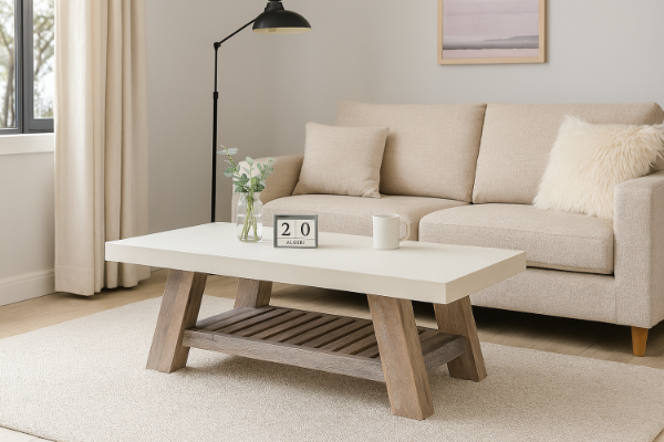 Picture of ANTON White Concrete on Solid Acacia Wood Coffee Table