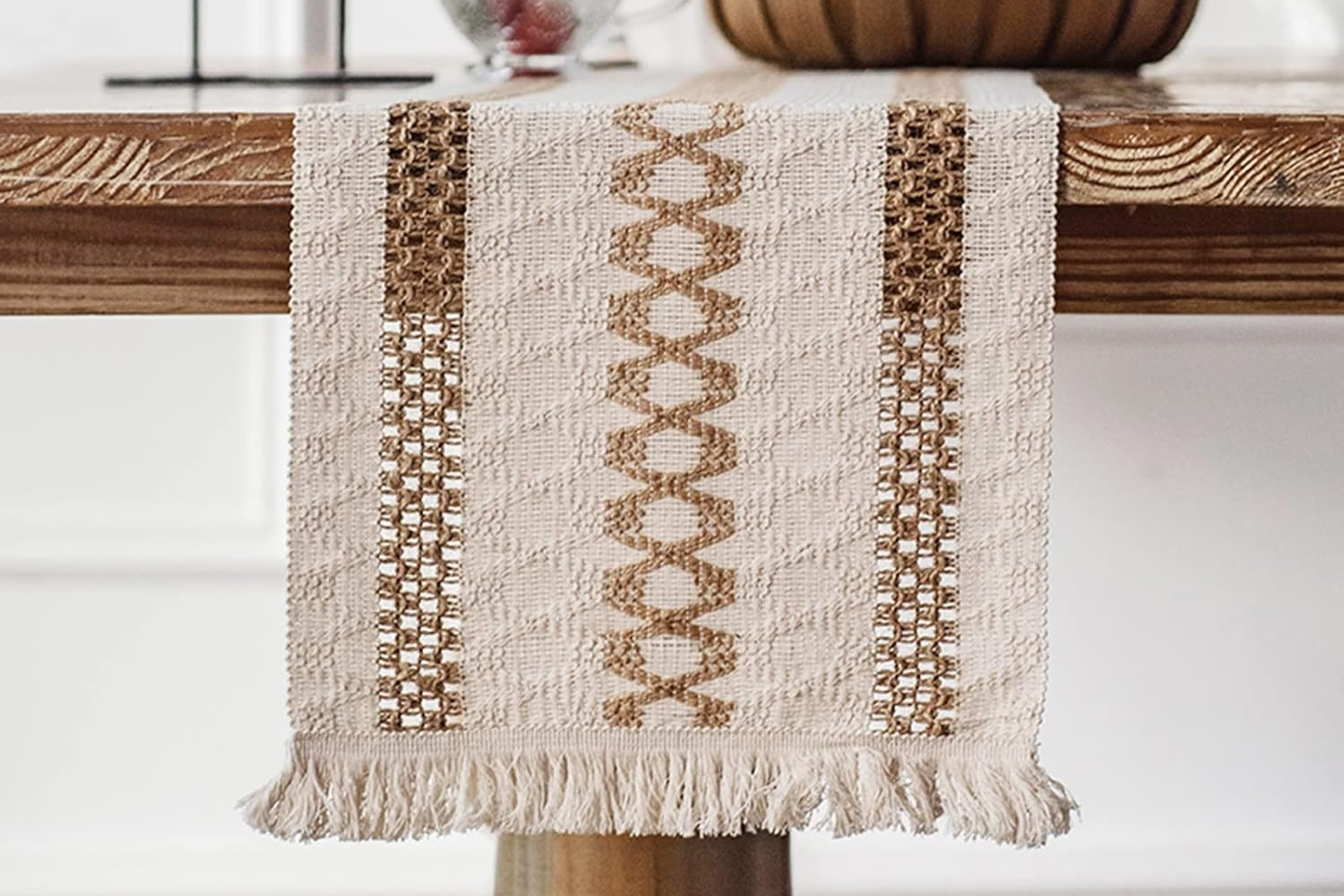 Curated visual reference: Textured Industrial Style Woven Table Runner For Sale Reference: Jute Striped Woven Table Runner With Tassel In 2 Sizes