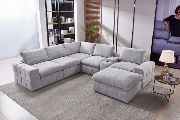 Picture of LUXEON Sectional Modular Sofa with Ottoman & Storage Console Hidden Cup Holders & Wireless Charging & USB Ports