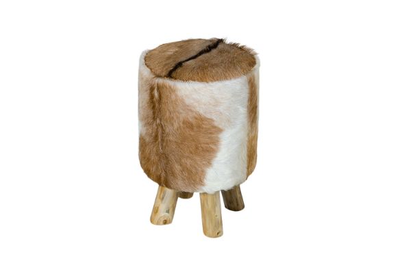 Picture of THEO D31 Natural Goat Hide Solid Teakwood Round Stool