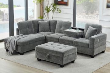 Picture of NEBULA Pro Sectional Sofa with Storage Ottoman & Drop-Down Console & USB Port (Misty Grey)